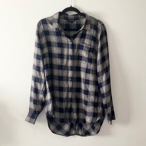 Lucky‎ Brand Plaid Button Front Tunic Shirt Blue Tan Neutral Boho Casual Size M